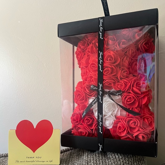 Red Rose Flower Teddy Bear with Transparent Gift Box and Thank you note - Picture 2 of 6